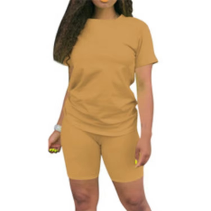 Ensemble de shorts en tricot pour femmes, 2 pièces, couleur unie, col rond, manches courtes, coupe ample, décontracté, respirant, pour le printemps et l'été - Product Image 2