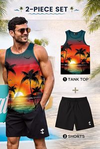 Conjunto de 2 Piezas de Camiseta sin Mangas y Pantalones Cortos con Estampado Gráfico para Hombre, Atuendo Informal de Playa para Verano - Product Image 4