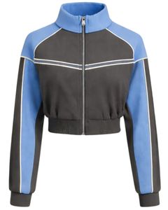 Chaqueta deportiva corta azul grisácea para mujer, con cremallera, para gimnasio, fitness, ropa deportiva, con rayas en contraste, proveedor OEM. - Product Image 1