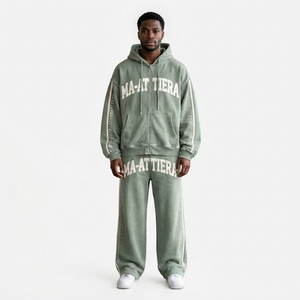 Custom <b>Acid</b> <b>Wash</b> Zip Up Hoodie and Wide Leg Sweatpants Set Oversized Streetwear Tracksuit - Product Image 1