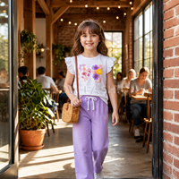 Ensemble haut à manches volantées à imprimé floral pour filles avec pantalon violet, tenue d'été confortable, ensemble de vêtements pour enfants, fournisseur en gros
