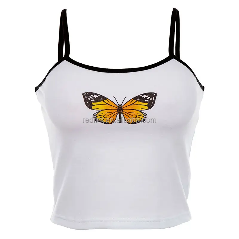 Cotton Crop Top Lady Sexy Top For Summer with Adjustable Strap and Colored Printed Butterfly