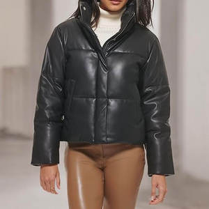 Veste matelassée en cuir PU noir, col montant, fermeture éclair, coupe-vent, courte, d'hiver, unisexe, style décontracté - Product Image 6