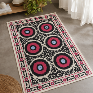 Couvre-lit en coton Suzani fait main exclusif, crème, noir, rose, broderie florale mandala, style bohème, décoration ethnique indienne pour la maison - Product Image 1