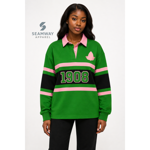 Alpha | Kapa | Alpha <b>Women's</b> Color Block <b>Rugby</b> Shirt Long Sleeve Polo Collar Embroidered Greek Letter Collegiate Pullover - Product Image 4