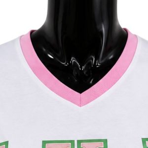 เสื้อยืดคอวีลายทางสีขาวเขียวชมพู แขนสั้น สไตล์ลำลอง แฟชั่นเสื้อยืดกราฟิกสำหรับผู้หญิง เสื้อผ้าสตรีทแวร์ ขายส่ง - Product Image 4