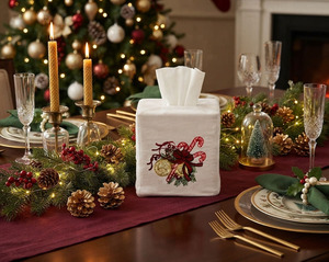 Quang Thanh Embroidery Classic Embroidery Candy Cane Christmas Square Tissue Box Cover 100% Cotton Durable Portable Home Hotel - Product Image 6