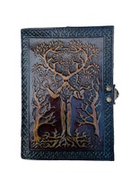 Carnet en cuir rigide gaufré Arbre de Vie avec homme, fermeture métallique, jaune vintage, livre d'or, papier fait main, cadeau
