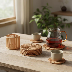 Sous-verres ronds en rotin style bohème avec support, napperons tissés pour cuisine, sous-verres et tapis de style rotin - Product Image 4