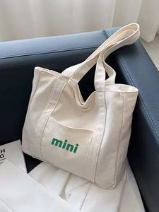 Reliable Source <b>Cream</b> White Canvas Tote <b>Bag</b> For Women Simple Green Letter Print Shopping School Office Travel <b>Shoulder</b> Carryall - Product Image 6