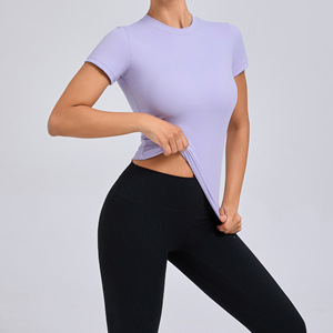 <b>Women</b> Multi Color Slim Fit Yoga Short Sleeves Shirt Casual Round Neck Running <b>Top</b> Female Loose Lower Back Sports T-Shirts - Product Image 4