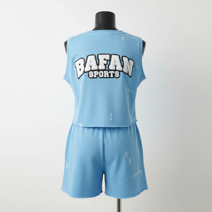 Conjunto Corto sin Mangas para Mujer, 100% Algodón, Malla de Poliéster Premium, Azul Cielo, Dobladillo Desgastado, Impresión de Pantalla, Logotipo Personalizado - Product Image 4