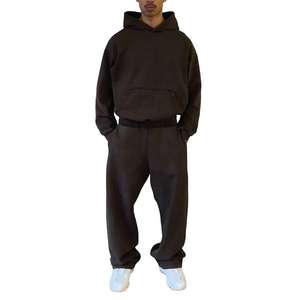 Ensemble survêtement homme noir à capuche 100% coton coupe ample avec sweat-shirt et pantalon long décontractés et poches latérales pour l'automne - Product Image 1