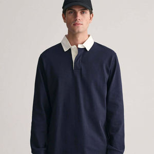 Chemises polo en coton tricoté à manches longues pour hommes, dernier design, col rond, impression personnalisée du logo, coupe ample, vêtements décontractés, style rugby. - Product Image 6