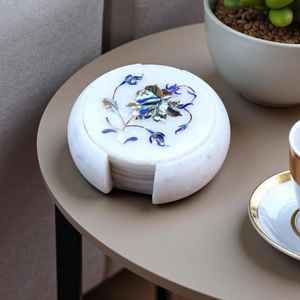 Sous-verres en marbre floral en pierres semi-précieuses, ensemble de sous-verres incrustés faits à la main, décoration élégante pour la maison, cadeau - Product Image 1