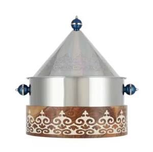 Decorative Silver Conical Lid Food Warmer with Wooden Base Crisscross Pattern Elegant Casserole Pot <b>Kitchenware</b> Home Decor - Product Image 1