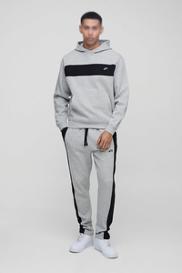 Survêtement homme bicolore gris chiné en molleton de coton épais, deux pièces : sweat à capuche et pantalon de jogging fuselé, logo frontal, hiver - Product Image 2