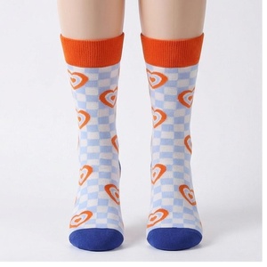 Chaussettes ras du cou bleues et blanches à carreaux avec motif cœurs orange, respirantes, en Spandex et Polyester, pour adulte, décontractées, saison printemps - Product Image 1
