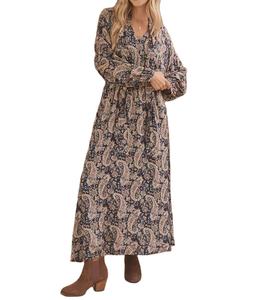 Vestido Casual Bohemio de Alta Calidad para Mujer, Largo hasta la Pantorrilla, Cuello en V, Manga con Lazos, Cintura Elástica, Diseño Favorecedor, Ecológico, ODM - Product Image 1