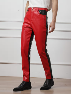 Spezia International Men's Red PU Coated Winter Heavyweight <b>Trousers</b> Black Side Stripe Straight Fit <b>Elastic</b> <b>Waist</b> Multiple Pants - Product Image 1
