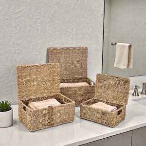 Lot de 3 paniers de rangement rectangulaires en jonc de mer tressé à la main avec couvercles, pour étagères, placards et organisation domestique - Vente en gros - Product Image 2