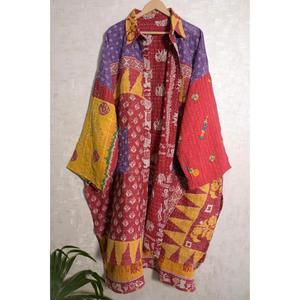 Vintage Indian Cotton Kantha Jacket Handmade Patchwork Boho Long Coat <b>Women</b> Printed <b>Outerwear</b> - Product Image 2