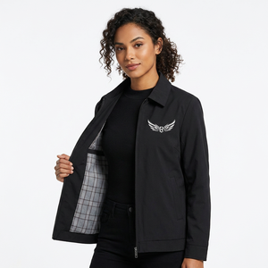 Chaqueta Negra para Hombre con Cuello Camisero y Cierre de Cremallera, Bordado de Alas, Color Sólido, Estilo Casual, Exterior de Poliéster, para Otoño - Product Image 5