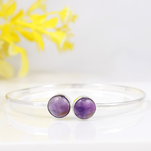 Wholesale 925 Sterling Silver Plated Natural <b>Amethyst</b> Round Gemstone Cuff Bangle Boho Minimalist Two Stone Fashion <b>Bracelet</b> - Product Image 4
