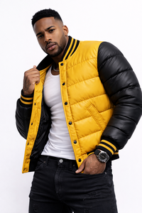 Blouson matelassé jaune et noir pour homme, style universitaire, hiver, avec boutons-pression, streetwear, logo personnalisé, OEM - Product Image 5