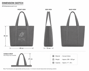 Sac fourre-tout en toile de coton gris avec fermeture éclair, pour le shopping et les voyages, motif feuilles 'Live Simply Bloom Wildly', 36x40x12 cm, capacité 17-20L - Product Image 2