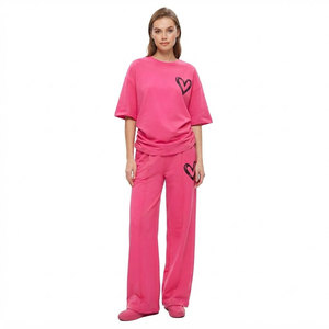 Custom Logo Women Two Piece Lounge <b>Set</b> Loose Fit Short Sleeve Tee with Wide Leg Pants Casual Summer Clothing <b>Set</b> - Product Image 2