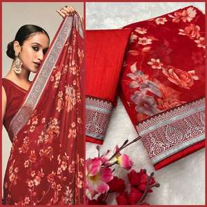 FANTAISIE GEORGETTE IMPRIMÉ FLORAL JACQUARD DENTELLE BORDURE TRAVAIL SAREE AVEC BLOUSE INCOSUE ROUGE - Product Image 1