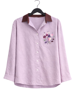 Women Lavender Embroidered Shirt And Burgundy Wide Leg <b>Pants</b> Two Piece Set Casual Cotton Linen Outfit Loose Summer Clothing OEM - Product Image 1