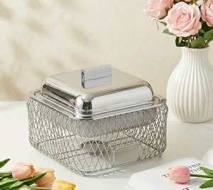 Ensemble de réchauds de buffet avec cadre en treillis métallique beige thermolaqué, insert carré en acier inoxydable, pour service alimentaire thermique - Product Image 5