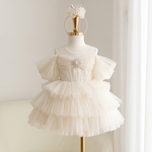 Robe de Demoiselle d'Honneur Élégante Ivoire Unie pour Bébés Filles de 1 à 12 Ans, Robe de Bal Longueur Genou, Robe de Princesse de Mariage de Luxe en Tulle Superposé à Volants - Product Image 1