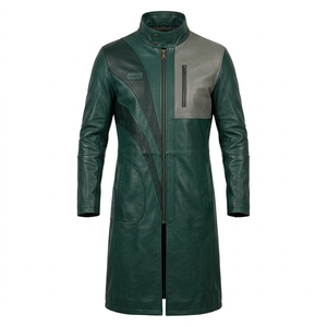 Gabardina de Cuero Genuino Verde Esmeralda para Hombre con Paneles Grises Personalizados, Cuello con Banda Curva y Cremallera Central, Proveedor de Prendas de Abrigo - Product Image 1