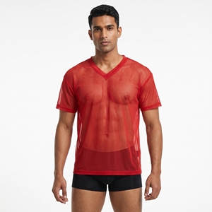 See Through <b>100</b>% <b>Polyester</b> Mens Lightweight Oversized V-neck Short Sleeve Preppy Style Eco-Friendly Sheer Mesh T-<b>Shirt</b> - Product Image 6