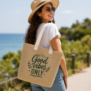 Sac fourre-tout en jute Good Vibes Only, couleur naturelle, poignée en coton, ouverture supérieure, style bohème, hauteur 35 cm, plage, voyage, usage quotidien - Product Image 5