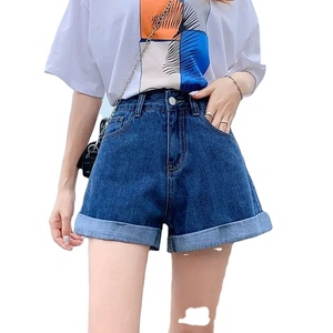 Pantalones cortos de mezclilla de algodón azul de cintura alta para mujer, Mini pantalones cortos deportivos de pierna ancha a la moda, diseño transpirable de cintura elástica - Product Image 1