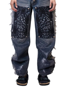 Jean en denim pour homme HaiYao 2026, haute qualité, personnalisé, effet vieilli, avec rivets et sequins, coupe large, style streetwear hip-hop, OEM ODM, en coton respirant - Product Image 3