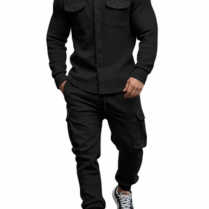 Camisa de Manga Larga Negra para Hombre con Botones y Bolsillos en el Pecho, Corte Regular, Estilo Casual Otoñal, 100% Algodón Tejido - Product Image 1