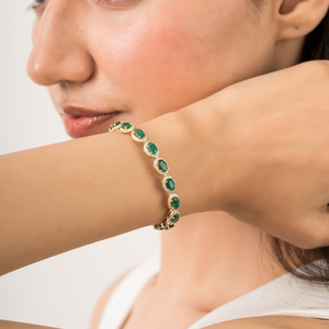 Precious <b>Gemstone</b> Luxury Emerald & Diamond Halo Wedding Tennis <b>Bracelet</b> For Unisex Bulk Custom Order 18K Yellow Gold Jewelry - Product Image 2