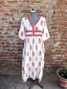 Vestido estampado a mano Vestido largo de algodón indio Vestido de algodón indio - Product Image 2
