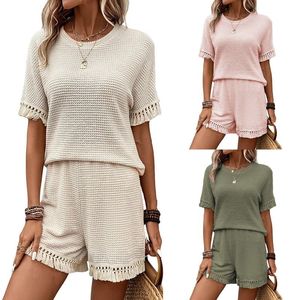 Conjunto de 2 Piezas para Mujer, Top Corto con Capucha y Pantalones Cortos de Punto, Color Sólido, Manga Larga, Detalle de Borlas, Casual, para Todas las Temporadas, Corte Regular - Product Image 3
