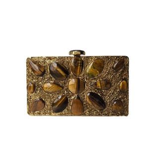 Tiger Eye Gemstone Panelled Clutch with Polished Cabochon Stones Gold Textured Frame Handcrafted Luxury Statement <b>Bag</b> gift her - Product Image 1
