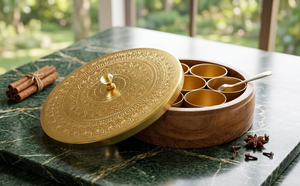 Boîte à épices Masala Dabba avec base en bois, récipient de rangement pour épices indiennes, organisateur de cuisine avec compartiments - Product Image 5