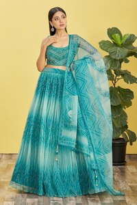 Green Beaded Embroidered Chiffon Women's Sleeveless <b>Square</b> Neck Crop Top Knee-Length Pleated Lehenga Net Dress for Party Wedding - Product Image 4