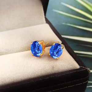 Cornflower <b>Blue</b> <b>Sapphire</b> Drop <b>Earrings</b> Oval 925 Sterling Silver 14K Gold Plated Luxury Party Jewelry for Women Gift - Product Image 3