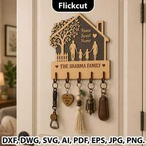 Porte-clés muraux personnalisés en bois avec nom de famille, porte-clés en forme d'arbre de maison, porte-clés de Noël - Product Image 2