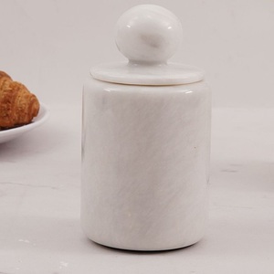 white marble airtight storage jar ball handle lid natural stone kitchen canister food storage <b>container</b> tea coffee sugar spice - Product Image 1